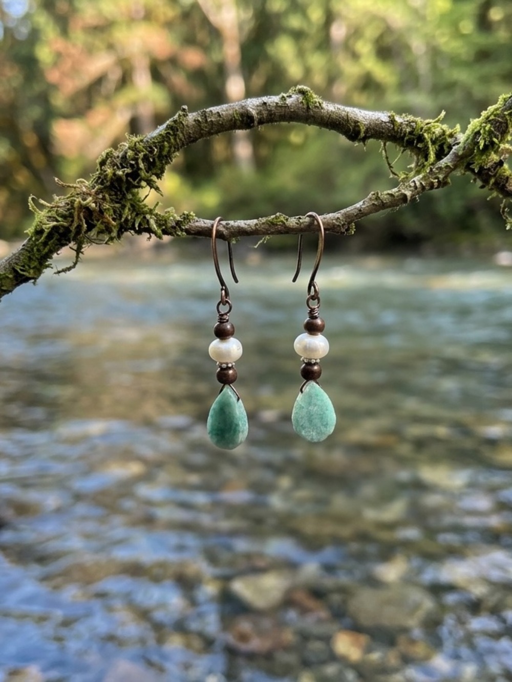 Amazonite and Button Pearl Drop Earringd